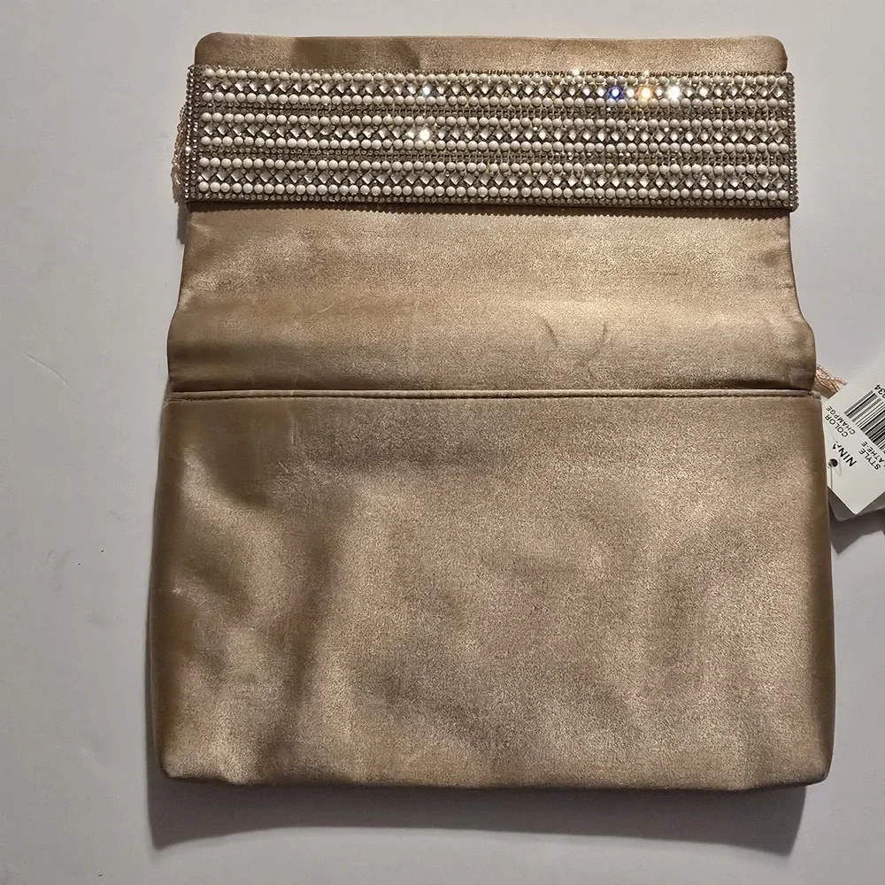 Nina Champagne Satin Clutch Pearl Rhinestone Embellished Evening Bag NWT‎